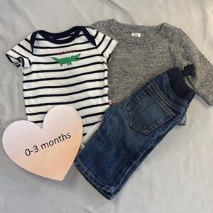 GAP - 0-3M Grey knit crew neck sweater, Striped Onesie, and Denim Jeans Set